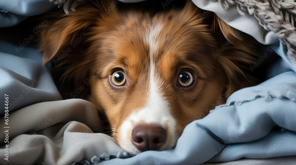Dog peeking out from under a blanket.