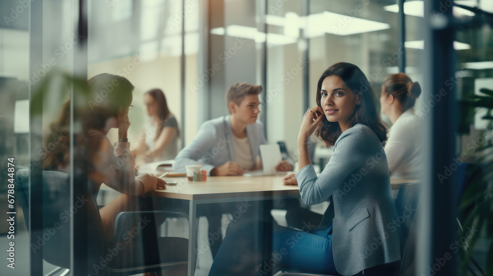 Businesswoman is engaged in a meeting at a modern office