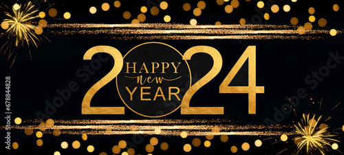 HAPPY NEW YEAR 2024 - Festive silvester New Year's Eve Party background illustration greeting card with year and text - Frame made of golden fireworks in the dark black night