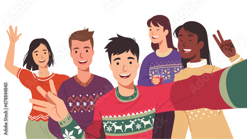Happy friends posing taking selfie group photo