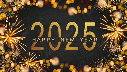 HAPPY NEW YEAR 2024 - Festive silvester New Year's Eve Party background greeting card with year and text - Frame made of golden fireworks in the dark black night