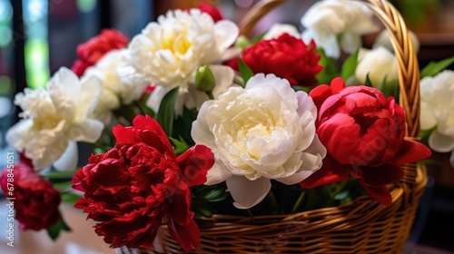 Bouquet of peonies  in a flower shop. Springtime Concept. Mothers Day Concept with a Copy Space. Valentine s Day.
