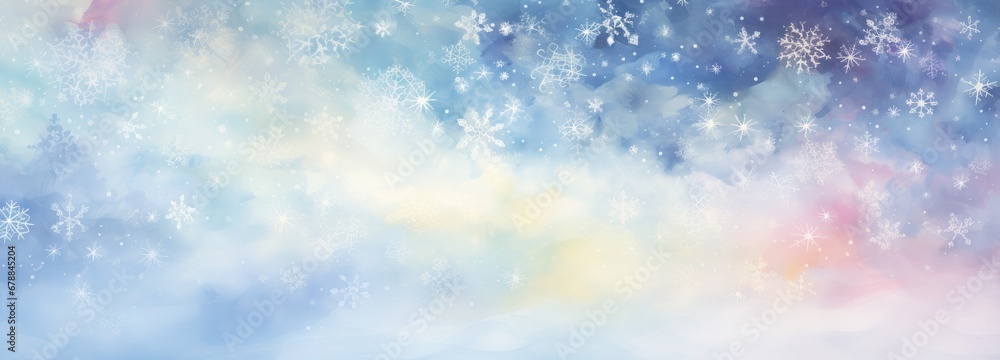 Wide banner winter background with snowflakes and bokeh on soft blue background in watercolor style with space for text. Christmas, New Year Illustration Wide banner winter background with snowflakes and bokeh on soft blue background in watercolor style with space for text. Christmas, New Year Illustration