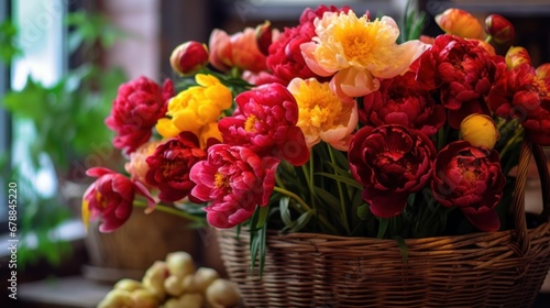 Bouquet of peonies  in a flower shop. Springtime Concept. Mothers Day Concept with a Copy Space. Valentine s Day.