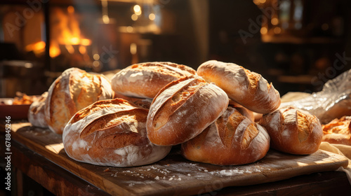 Sunlight filtering through a bakery window onto loaves of bread. photo
