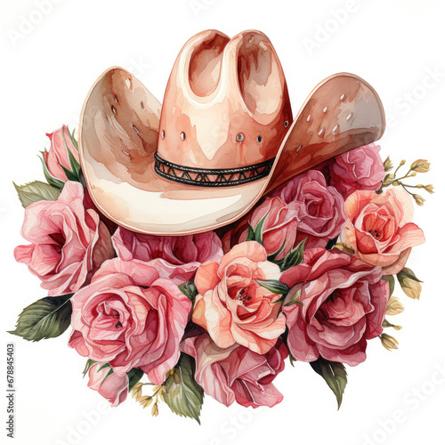 Watercolor Pink Cowgirl Hat with Roses Clipart illustration Generative Ai