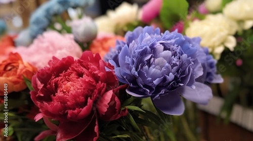 Bouquet of peonies in a flower shop. Springtime Concept. Mothers Day Concept with a Copy Space. Valentine's Day.