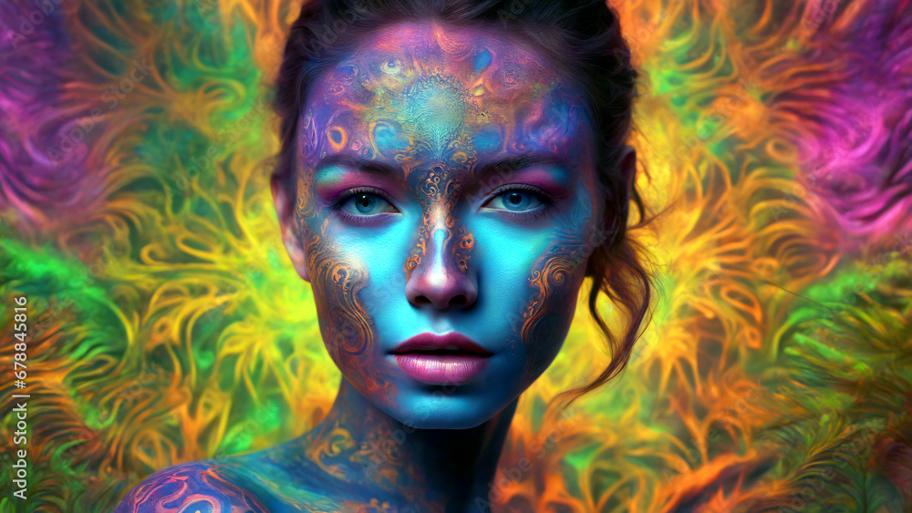 Biopunk Portrait einer schönen Frau. Tattoo im Gesicht. vielfarbiger Hintergrund