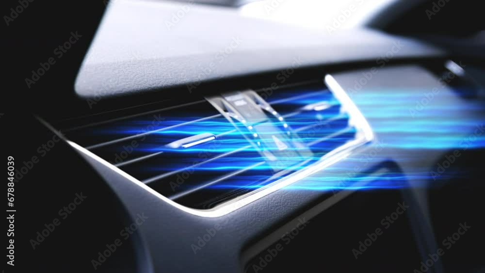 Car heater blows cold air. Air conditioner vents with streams of blue