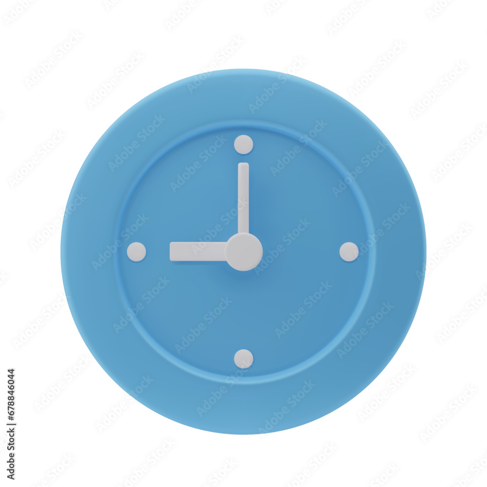 3d clock, time indicator icon. Blue clock in minimal design. Time concept. Hour and minute on dial. Vector rendering isolated 3d clock, time indicator icon. Blue clock in minimal design. Time concept. Hour and minute on dial. Vector rendering isolated