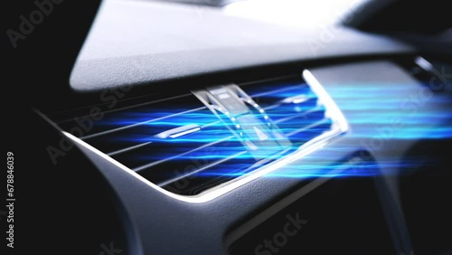 Car heater blows cold air. Air conditioner vents with streams of blue air flow. Air purification and filtration. Clean fresh smell.