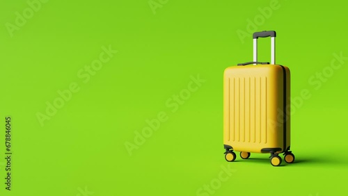 Yellow suitcase moving from outside to the right part of the frame. Copy space on the left. 3d animation