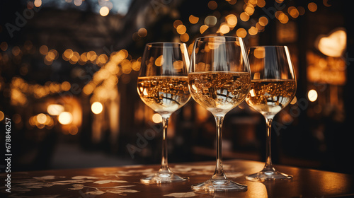 Glasses of white wine with festive bokeh lights in the background