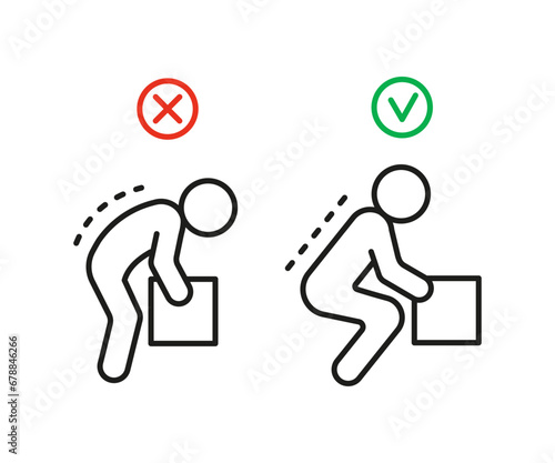 Posture for lift box, ergonomic work of person, line icon. Lifting weight with correct and incorrect posture. Picking up cargo box. Vector outline
