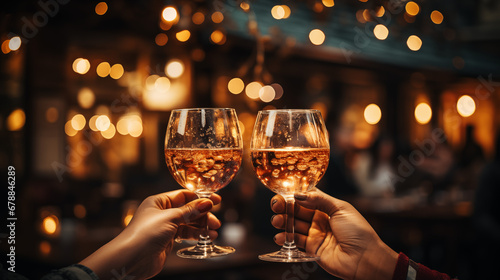 Two people clinking wine glasses with a bokeh background