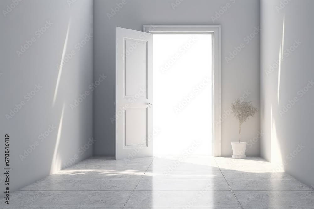 Open door in empty room with white walls Open door in empty room with white walls