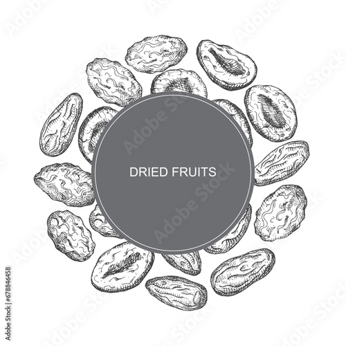 Dried fruits card hand drawn vector illustration. Frame background with Prunes, dried apricots, dry fruits, dates for packaging, textile, print, template, label.Design for text, decorative ornament 
