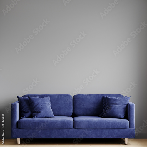 Living room in blue and gray colors. Mockup empty minimal room interior with accents navy cyan color sofa. Design in modern scandinavian style. Canvas empty paint wall for art or decor. 3d render