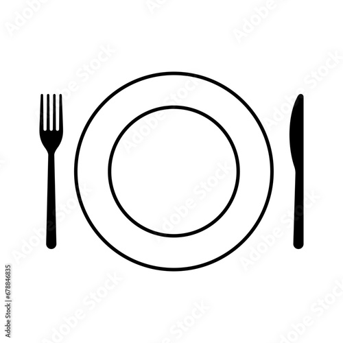 Cutlery plate, fork, spoon and knife for food icon. Dish on table. Ready to eat. Tableware sign for menu cafe or restaurant. Vector