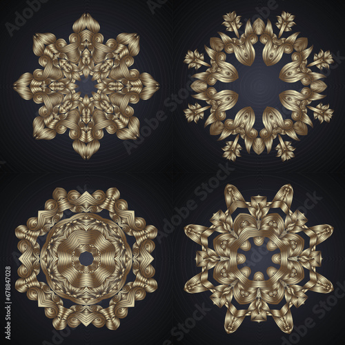 Set of round lace element in gold on a dark background.