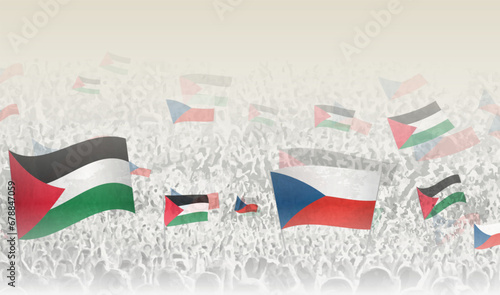 Palestine and Czech Republic flags in a crowd of cheering people.