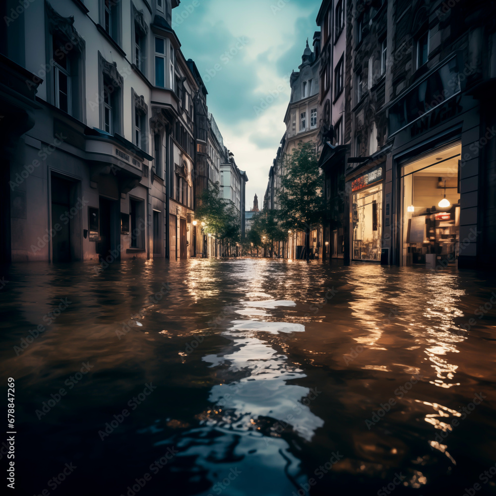 Flooded city street with reflections and a shallow field of view.