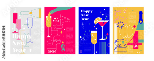 Happy New Year, poster, banner and card design with cocktails, drinks. Vector illustration in geometric bold style. 2024 celebration