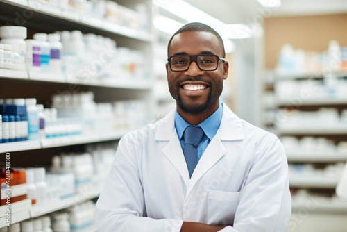 Confident black male pharmacist smiling in white coat at pharmacy