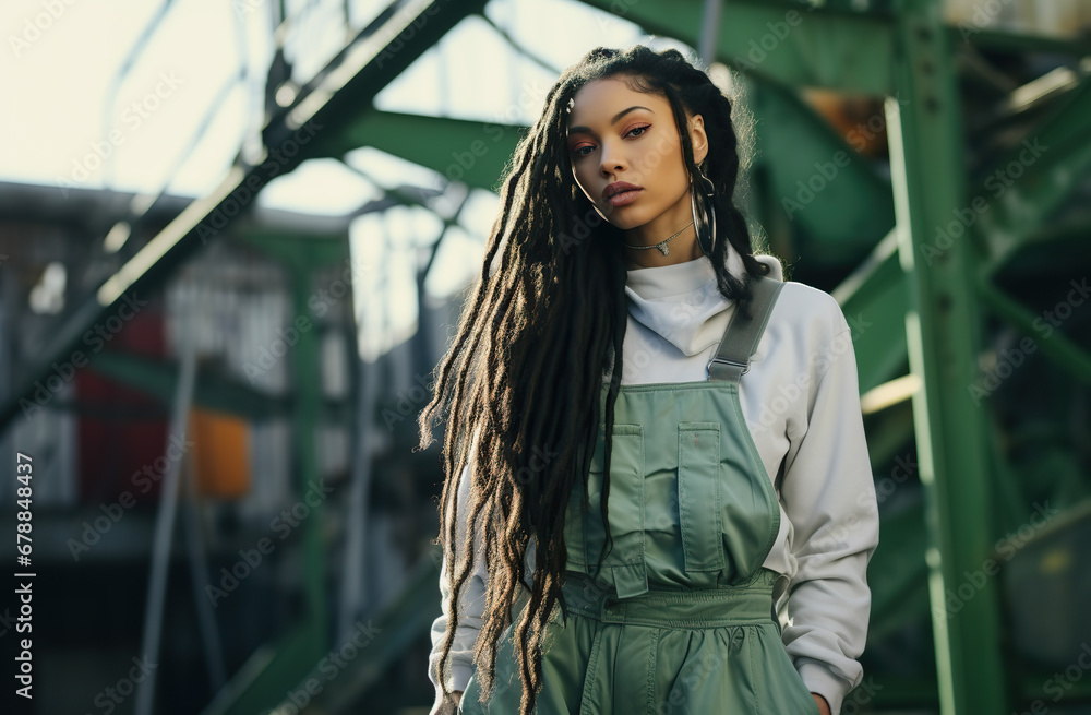 Cool young African American Black woman in green in an industrial setting, diverse Cool young African American Black woman in green in an industrial setting, diverse