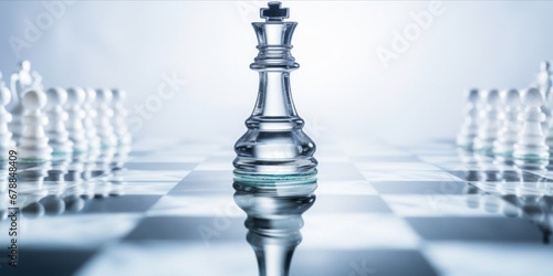  Strategic Elegance: A Realistic Glass Chess Board Unfolds on a White Canvas, with the Commanding Presence of a Black King