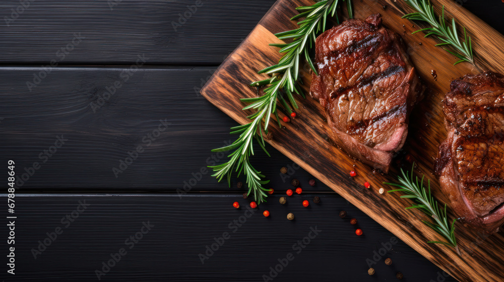 Food - Beef dinner - Delicious grilled stake served on a wooden table, fireplace on background. Big steak meat dish on a main course plate - obrazy, fototapety, plakaty 