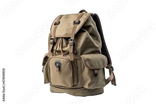 A tourist khaki backpack isolated on a transparent background.