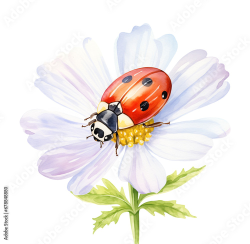 Watercolor ladybug on a flower. Generative AI, png image. © Julia 