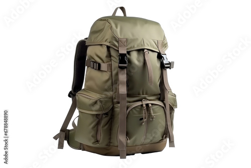 A tourist khaki backpack isolated on a transparent background.