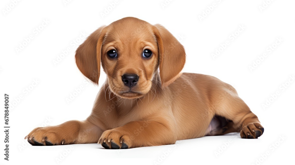Labrador Retriever puppy lying down isolated on a white background