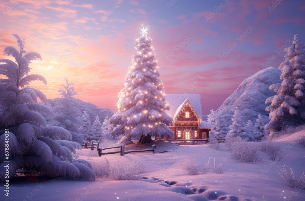 a snowy christmas scene with a decorated christmas tree