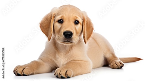 Labrador Retriever puppy lying down isolated on a white background