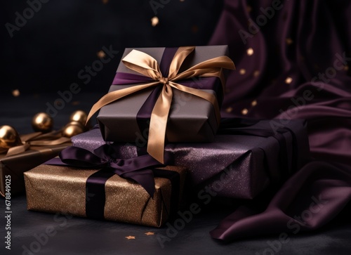wrapped christmas presents on a black background