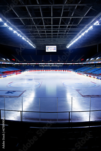 hockey stadium. Empty ice rink and illuminated stadium. Professional ice hockey sport