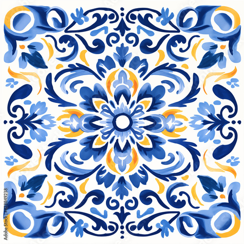 Watercolor navy blue floral tile ornament illustration