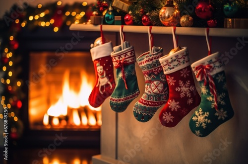 christmas stockings hanging up in front of a fireplace and christmas tree
