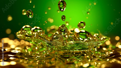 Glossy drops, splashes, bubbles and spheres of various green shades with highlights and reflections on a blurred green and yellow background. Abstract background. Bokeh.