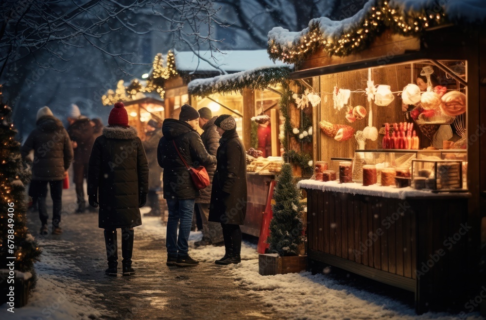 people walk by a stall and browse christmas treats