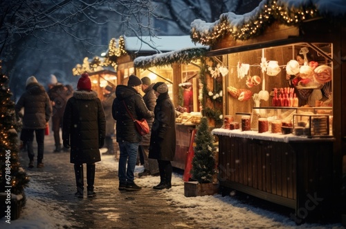 people walk by a stall and browse christmas treats