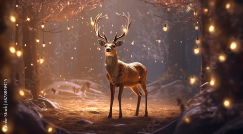 christmas in the woods featuring a deer of antlers with gifts