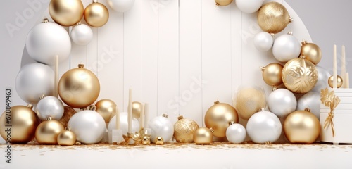 a golden and white christmas decoration with ornaments
