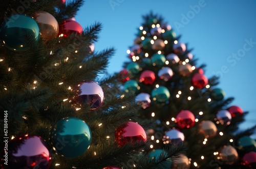 colorful christmas balls are on the top of a christmas tree