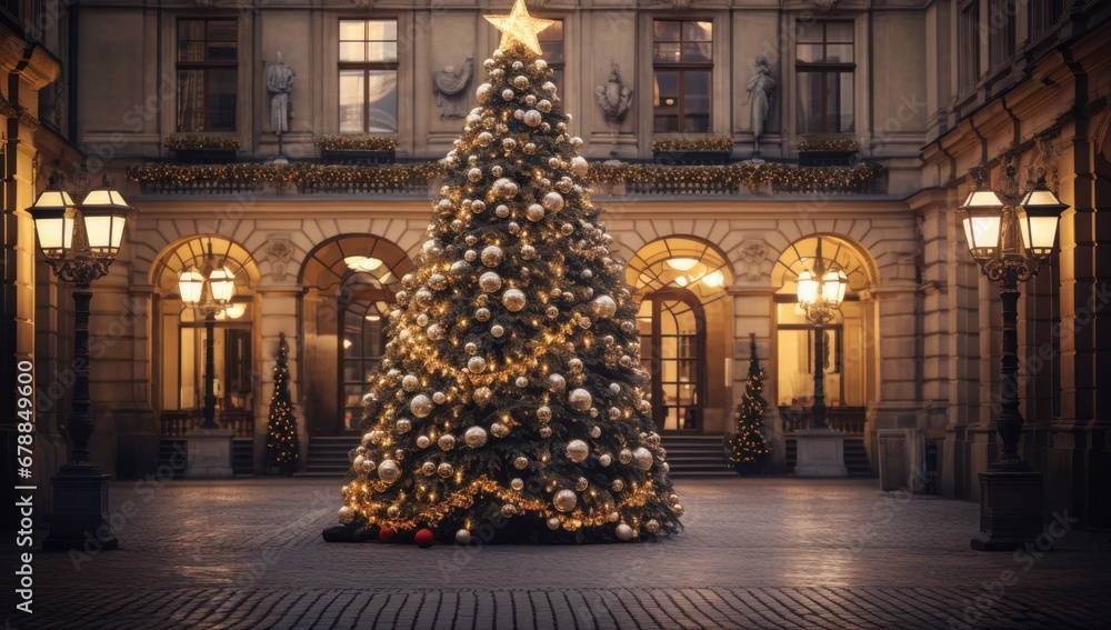 an image of a christmas tree in a street schlieren - obrazy, fototapety, plakaty 