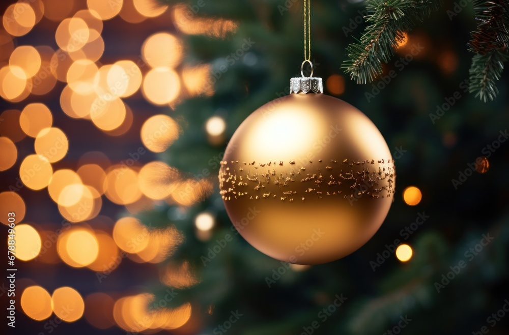 gold christmas ball hanging on tree with glowing lights background gold christmas ball hanging on tree with glowing lights background