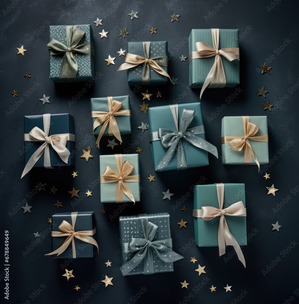 eight gifts laying on a blue background eight gifts laying on a blue background